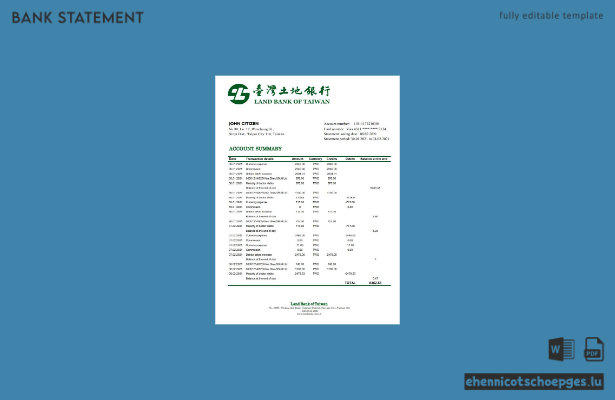 Beispiel-Excel-Vorschau eines Kontoauszugs der Taiwan Land Bank of Taiwan